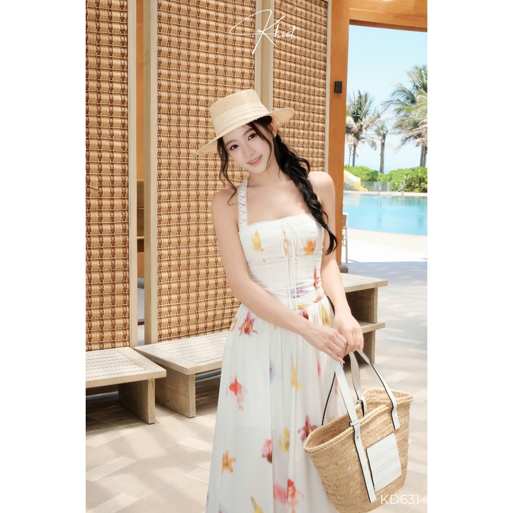 Đầm Maxi Dáng Dài Tùng Xòe Phối Dây Ren Mềm Buộc Gáy Khiết KD631