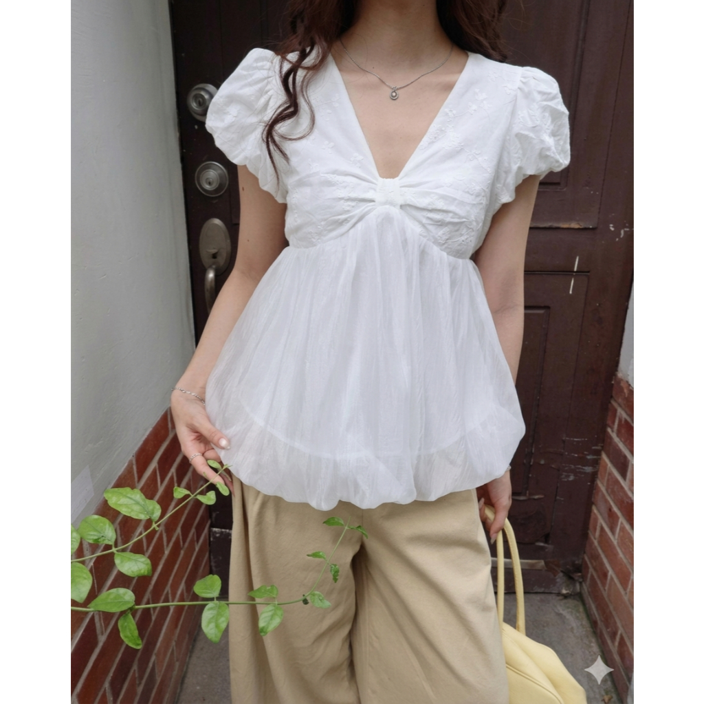 Áo babydoll cổ V tay bồng phối tơ xinh xắn TẤM A108
