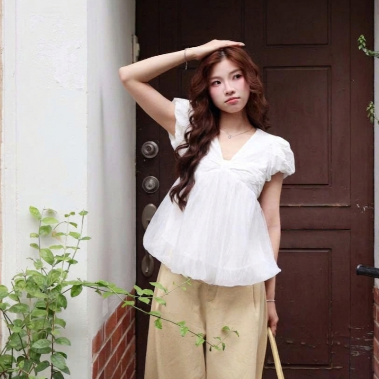 Áo babydoll cổ V tay bồng phối tơ xinh xắn TẤM A108