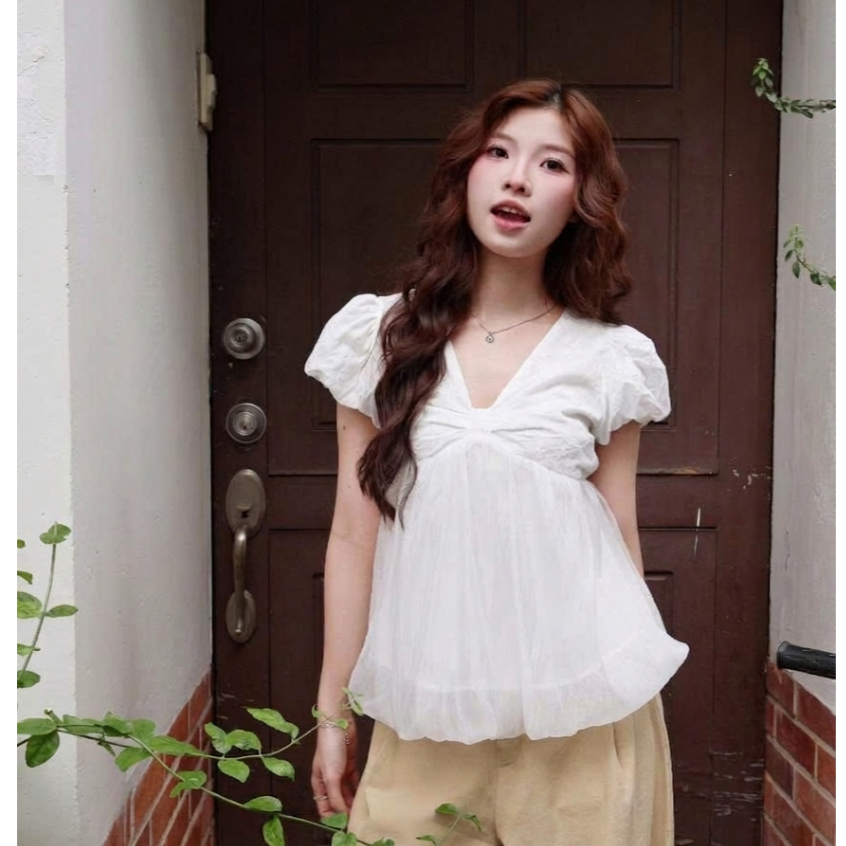 Áo babydoll cổ V tay bồng phối tơ xinh xắn TẤM A108