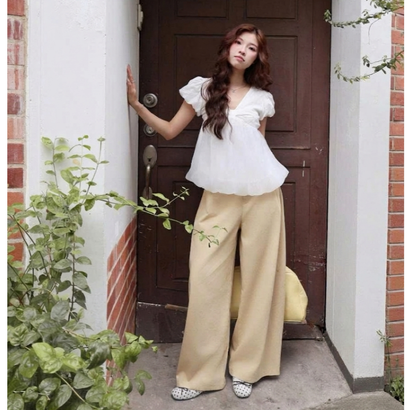 Áo babydoll cổ V tay bồng phối tơ xinh xắn TẤM A108
