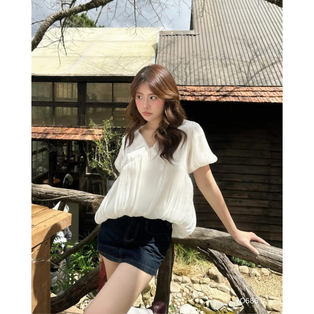 Áo babydoll chất tơ óng cổ V dáng bí xinh xắn MUZA A86