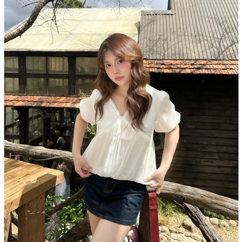 Áo babydoll chất tơ óng cổ V dáng bí xinh xắn MUZA A86