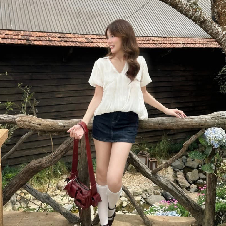 Áo babydoll chất tơ óng cổ V dáng bí xinh xắn MUZA A86