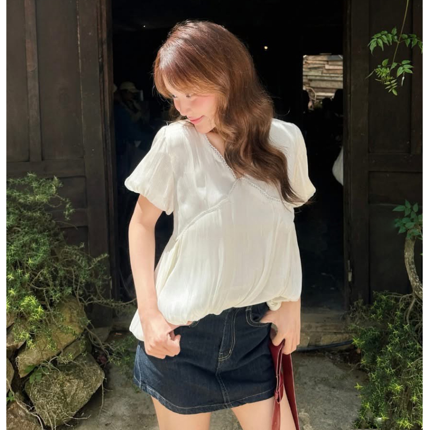 Áo babydoll chất tơ óng cổ V dáng bí xinh xắn MUZA A86