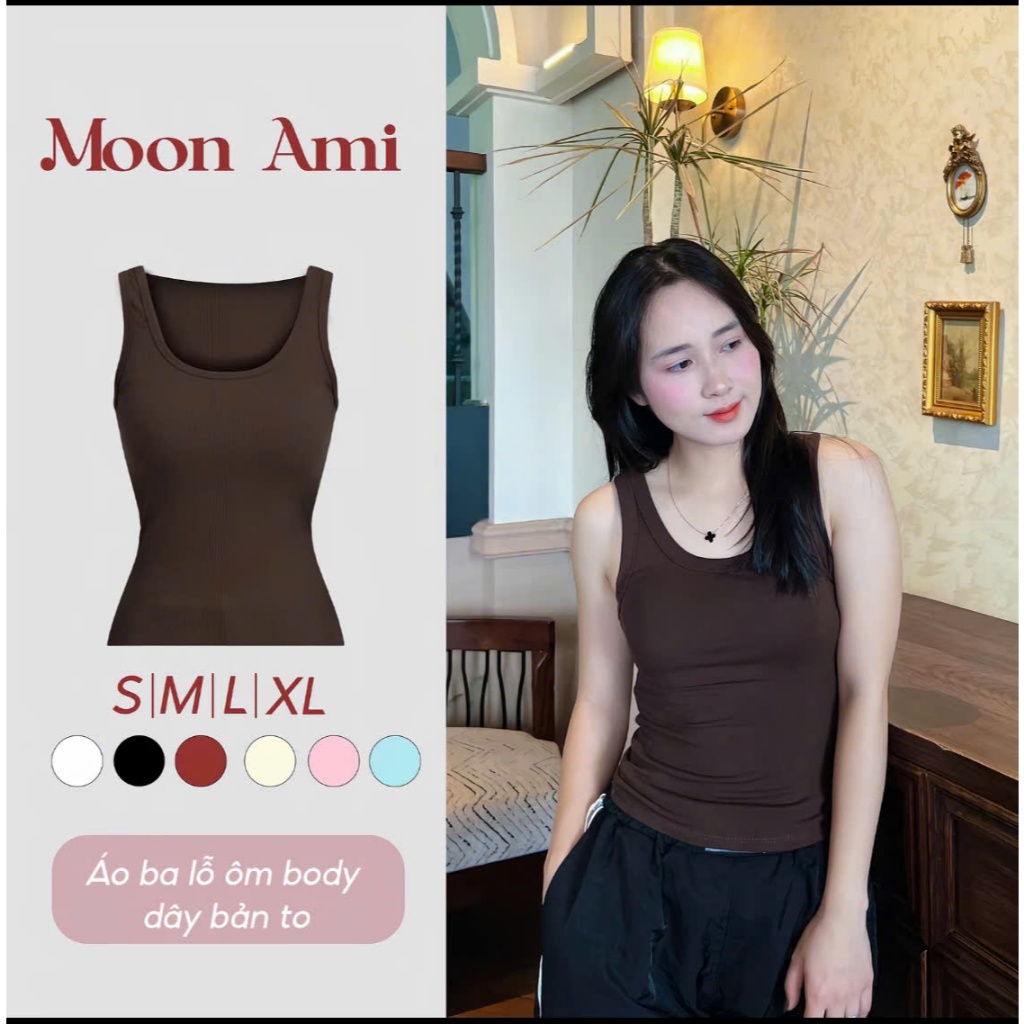 Áo ba lỗ nữ (không có mút) cotton mát MOON AMI dây bản to