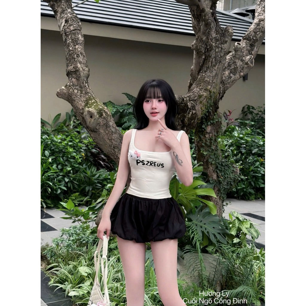 Set áo tăm phối chữ mix quần chun bồng phối ren dạo phố xinh lắm