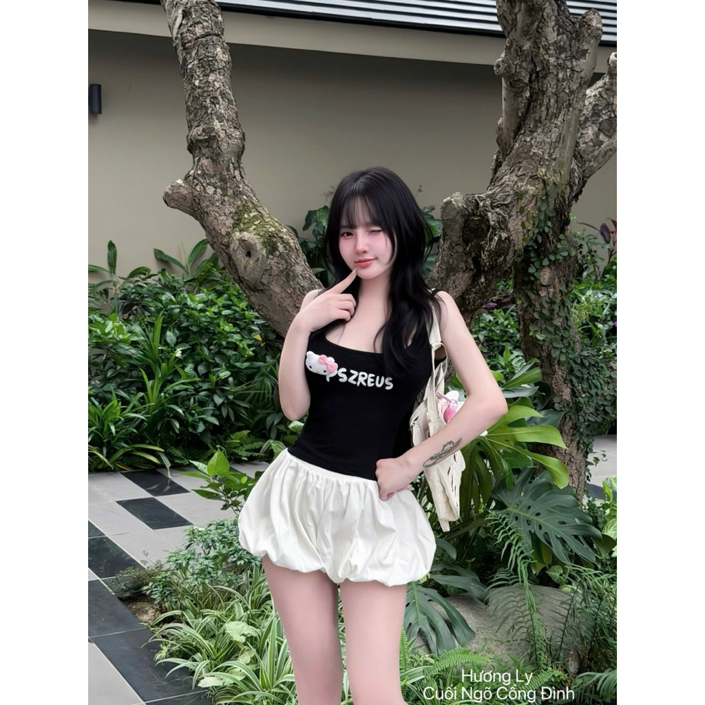 Set áo tăm phối chữ mix quần chun bồng phối ren dạo phố xinh lắm