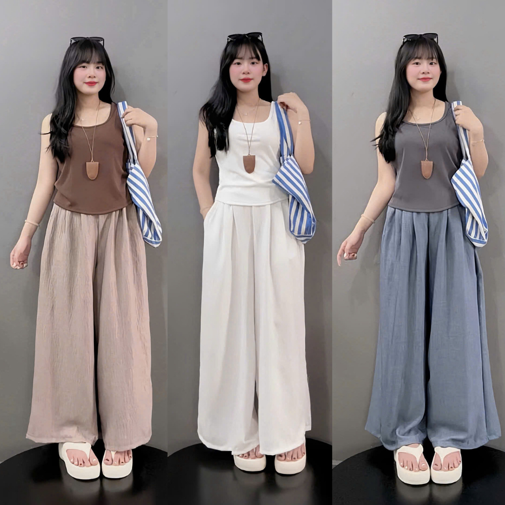 Set bigsize nữ áo tank top phối quần ống rộng – mặc mát, tôn dáng, che khuyết điểm 55-92kg G245+Q564