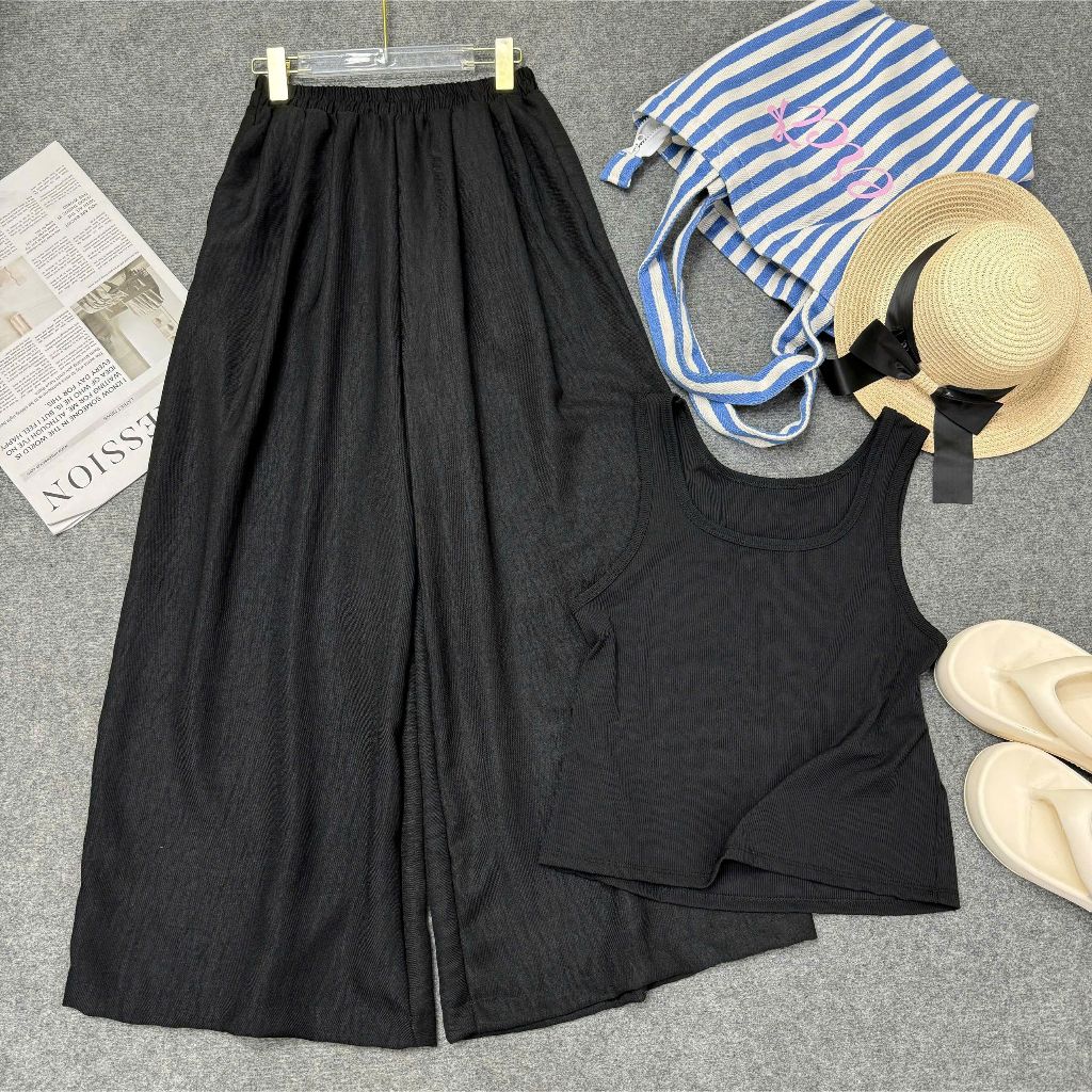 Set bigsize nữ áo tank top phối quần ống rộng – mặc mát, tôn dáng, che khuyết điểm 55-92kg G245+Q564