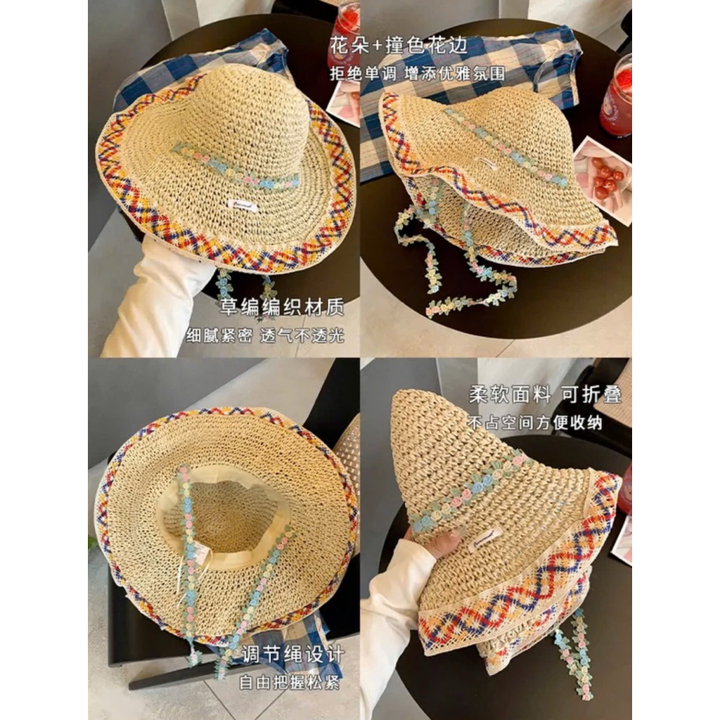 👒 Mũ Đi Biển Cói Viền Thêu Hoa – Xinh Xắn, Chống Nắng Cực Đỉnh 🌸