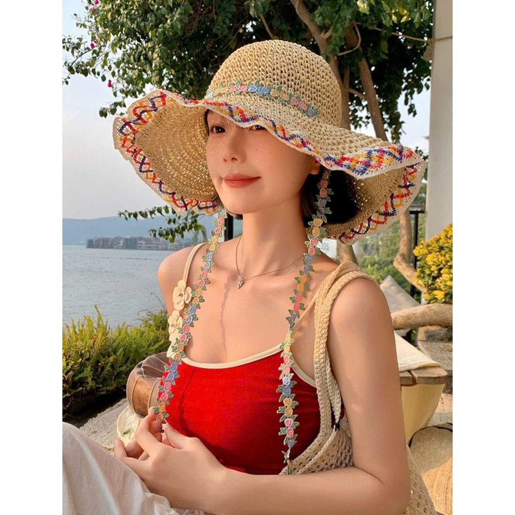 👒 Mũ Đi Biển Cói Viền Thêu Hoa – Xinh Xắn, Chống Nắng Cực Đỉnh 🌸