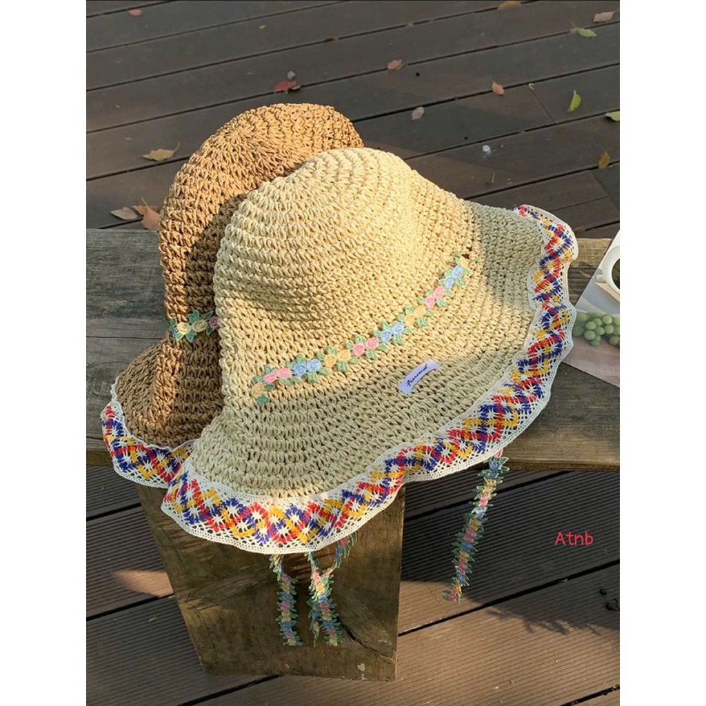 👒 Mũ Đi Biển Cói Viền Thêu Hoa – Xinh Xắn, Chống Nắng Cực Đỉnh 🌸
