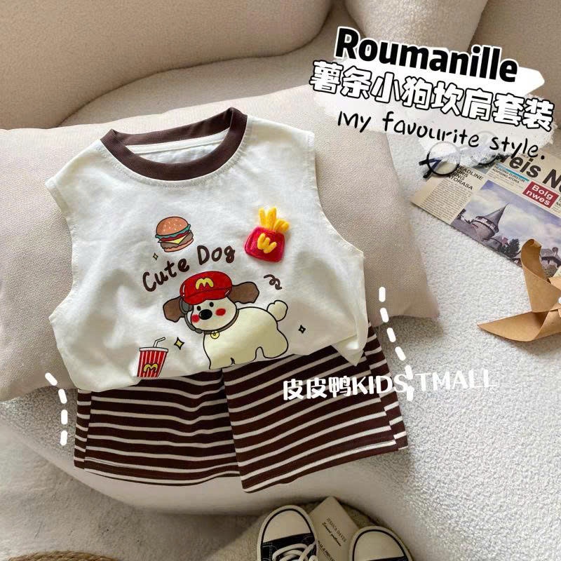 (Hàng QCCC) Bộ quần áo QC ba lỗ kẻ hoạ tiết CÚN 3D CUTE DOG , áo chất cotton mềm mịn kèm quần đùi kẻ cho bé đi chơi