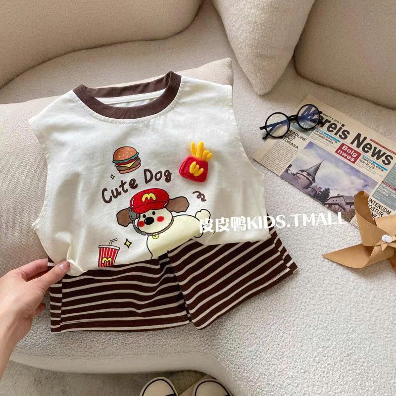 (Hàng QCCC) Bộ quần áo QC ba lỗ kẻ hoạ tiết CÚN 3D CUTE DOG , áo chất cotton mềm mịn kèm quần đùi kẻ cho bé đi chơi