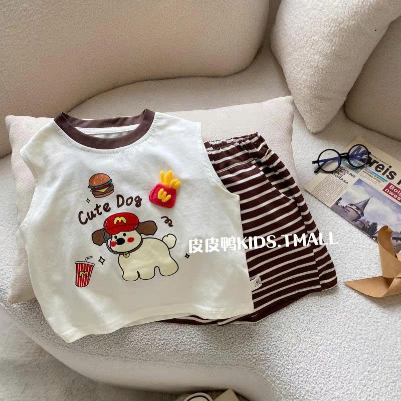 (Hàng QCCC) Bộ quần áo QC ba lỗ kẻ hoạ tiết CÚN 3D CUTE DOG , áo chất cotton mềm mịn kèm quần đùi kẻ cho bé đi chơi