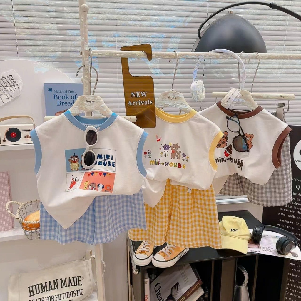 (HÀNG QCCC) Bộ quần áo QC 3 lỗ hoạ tiết MIKI HOUSE , chất vải cotton co giãn kèm quần đũi  mềm mát cho bé đi học , đi ch