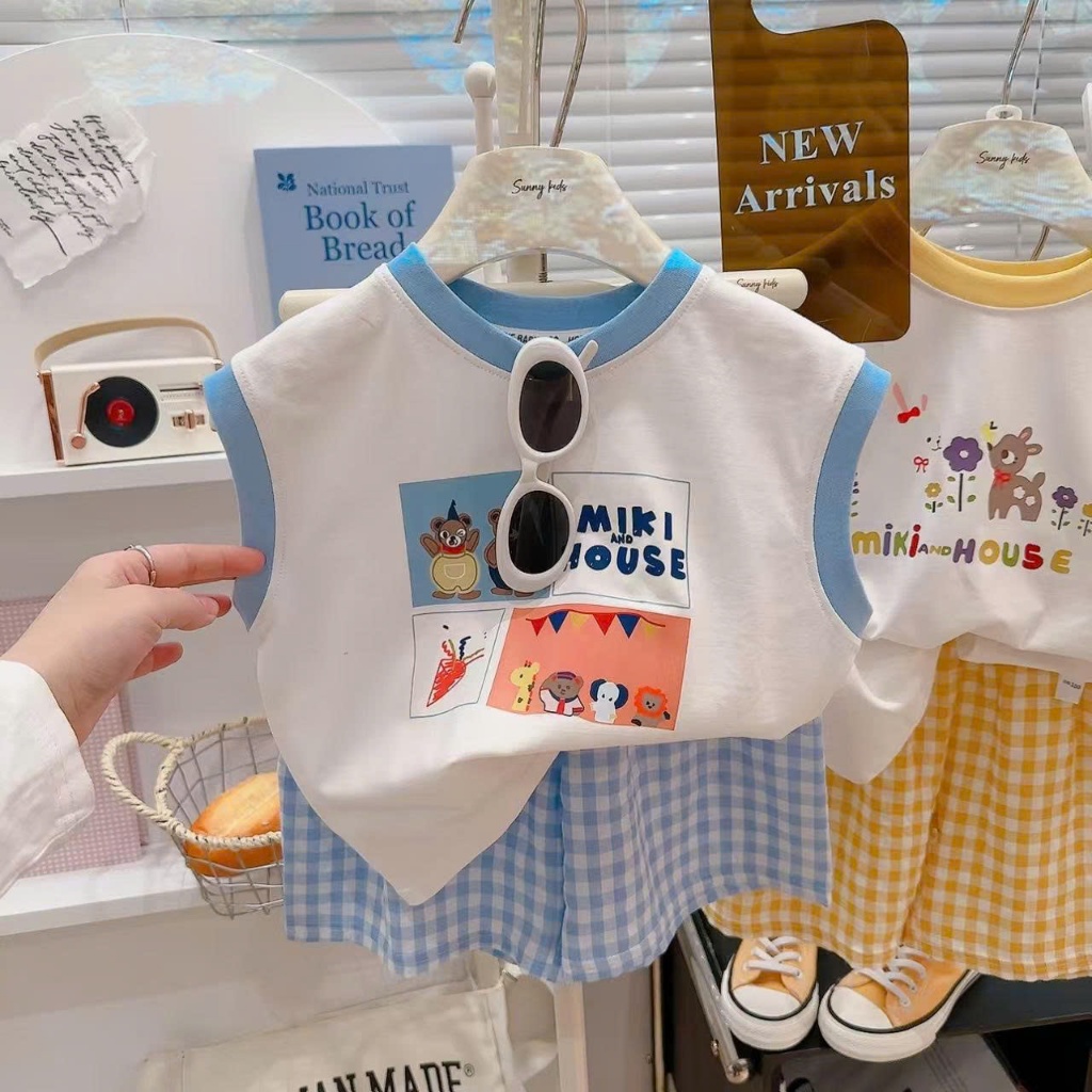 (HÀNG QCCC) Bộ quần áo QC 3 lỗ hoạ tiết MIKI HOUSE , chất vải cotton co giãn kèm quần đũi  mềm mát cho bé đi học , đi ch