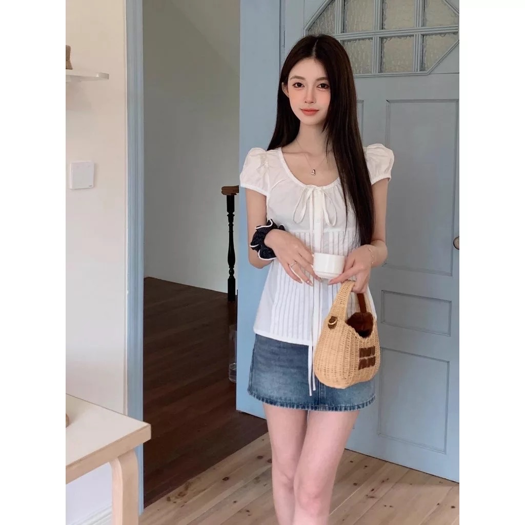 Áo sơ mi ngắn tay màu trắng ngọt ngào mùa hè dành cho nữ phong cách Hàn Quốc