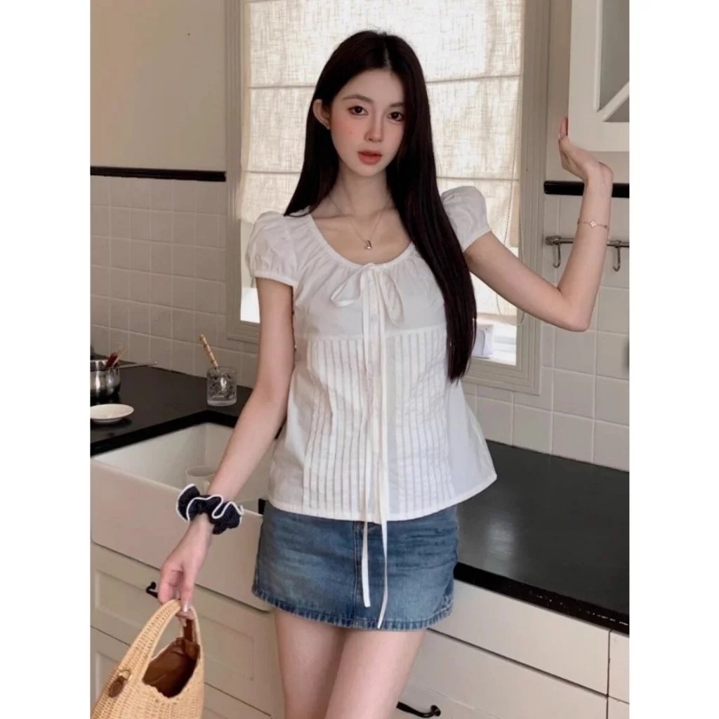 Áo sơ mi ngắn tay màu trắng ngọt ngào mùa hè dành cho nữ phong cách Hàn Quốc
