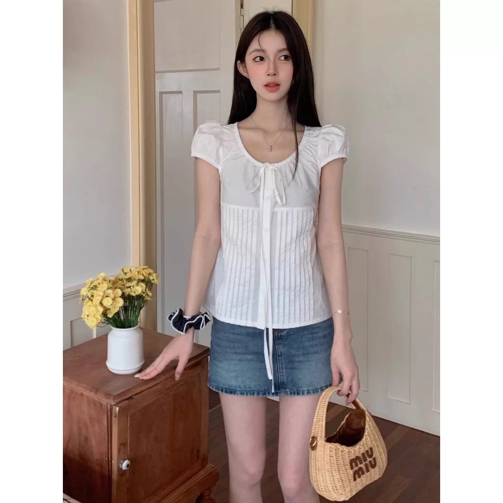 Áo sơ mi ngắn tay màu trắng ngọt ngào mùa hè dành cho nữ phong cách Hàn Quốc