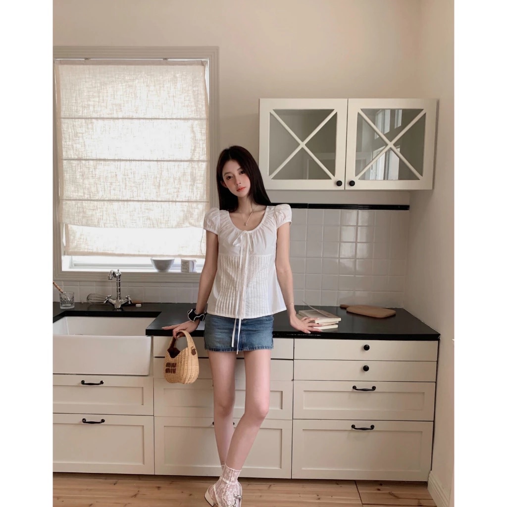 Áo sơ mi ngắn tay màu trắng ngọt ngào mùa hè dành cho nữ phong cách Hàn Quốc