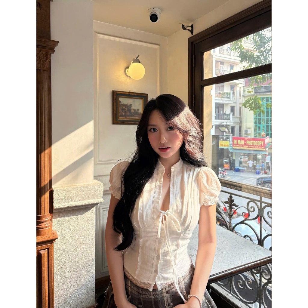 Belle Bow – Áo Kiểu Nữ Dáng Cổ V Tay Bồng Cột Nơ Mặc Mát Mùa Hè, Tôn Dáng A32_Có Bigsize