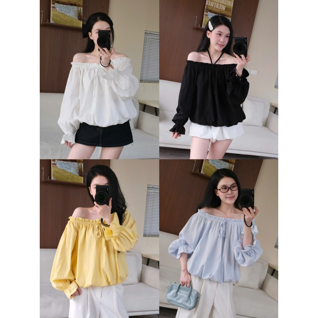 Off-Shoulder Ruched Top (TSW) Áo trễ vai thô phồng Nữ The.sweaterweather
