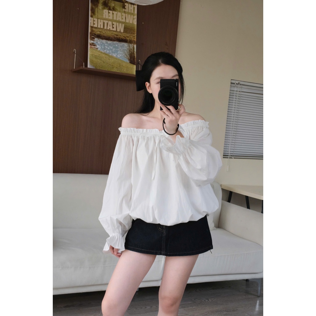 Off-Shoulder Ruched Top (TSW) Áo trễ vai thô phồng Nữ The.sweaterweather