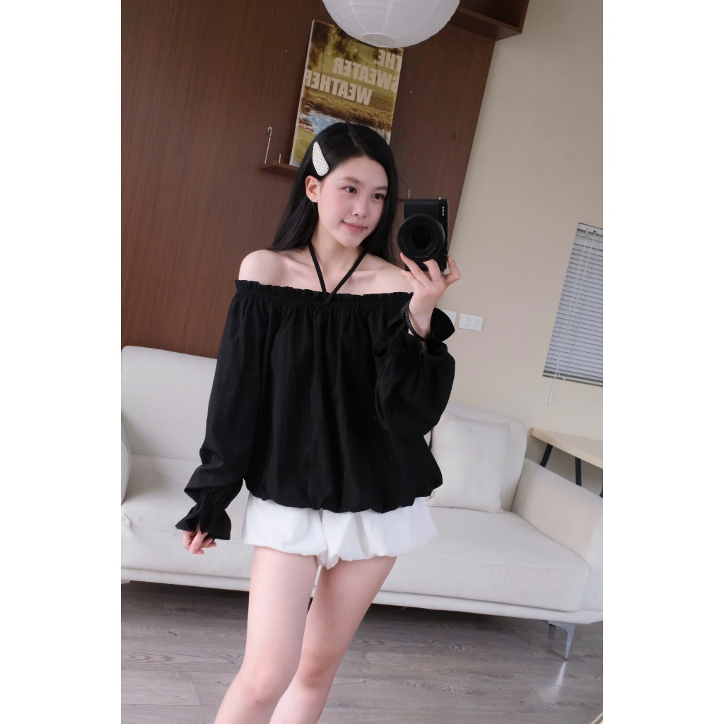 Off-Shoulder Ruched Top (TSW) Áo trễ vai thô phồng Nữ The.sweaterweather
