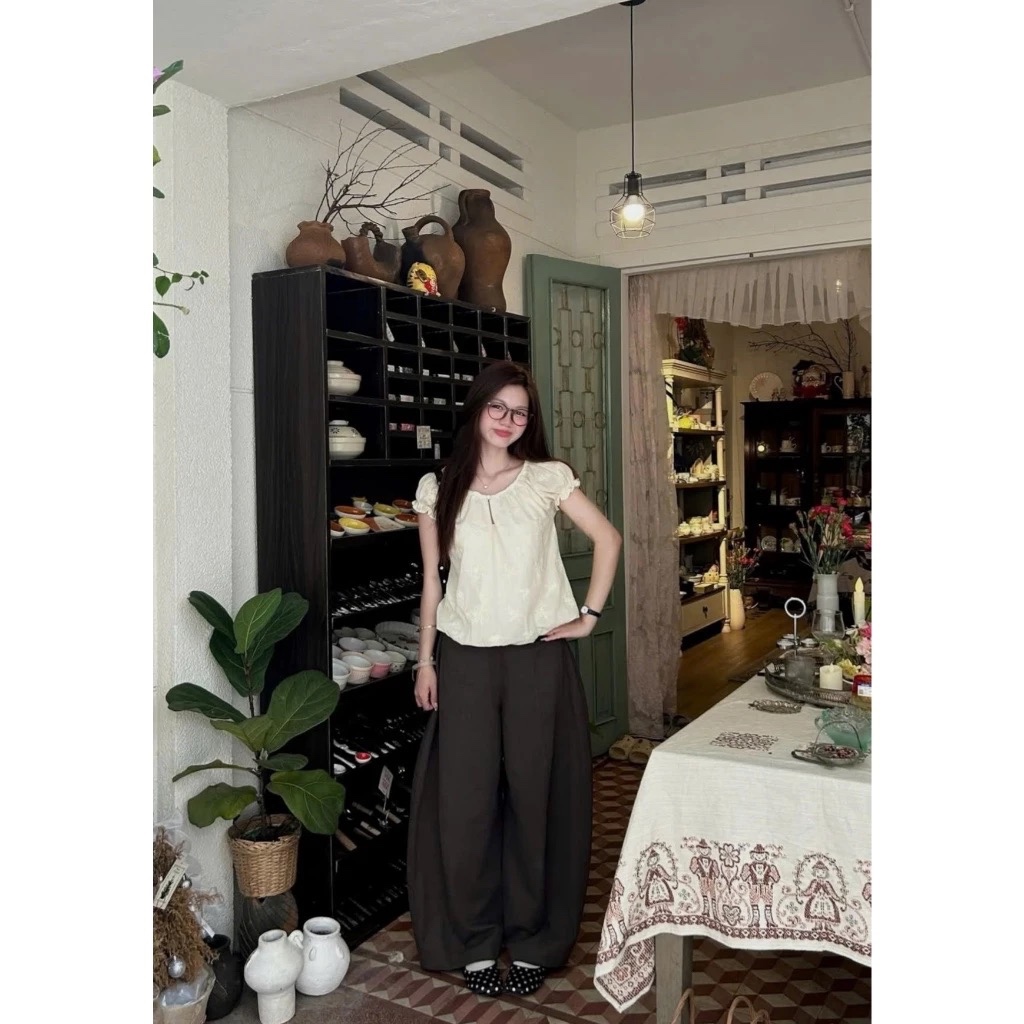 Áo bèo tay phồng cổ bèo họa tiết hoa chìm Hàn Quốc, Áo kiểu nữ croptop phong cách nhẹ nhàng