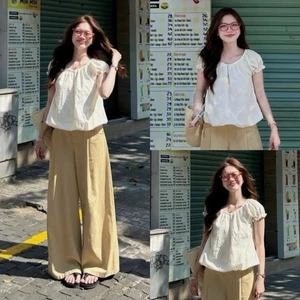 Áo bèo tay phồng cổ bèo họa tiết hoa chìm Hàn Quốc, Áo kiểu nữ croptop phong cách nhẹ nhàng