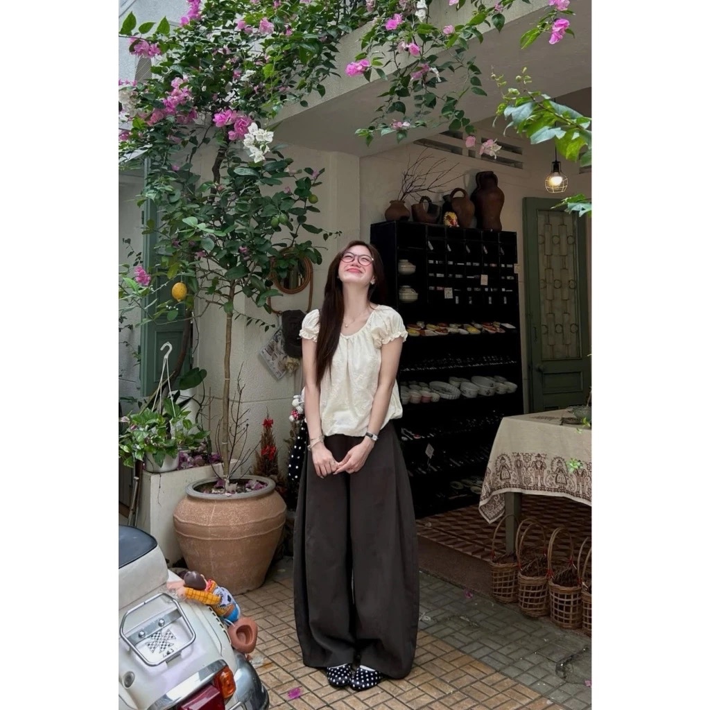 Áo bèo tay phồng cổ bèo họa tiết hoa chìm Hàn Quốc, Áo kiểu nữ croptop phong cách nhẹ nhàng