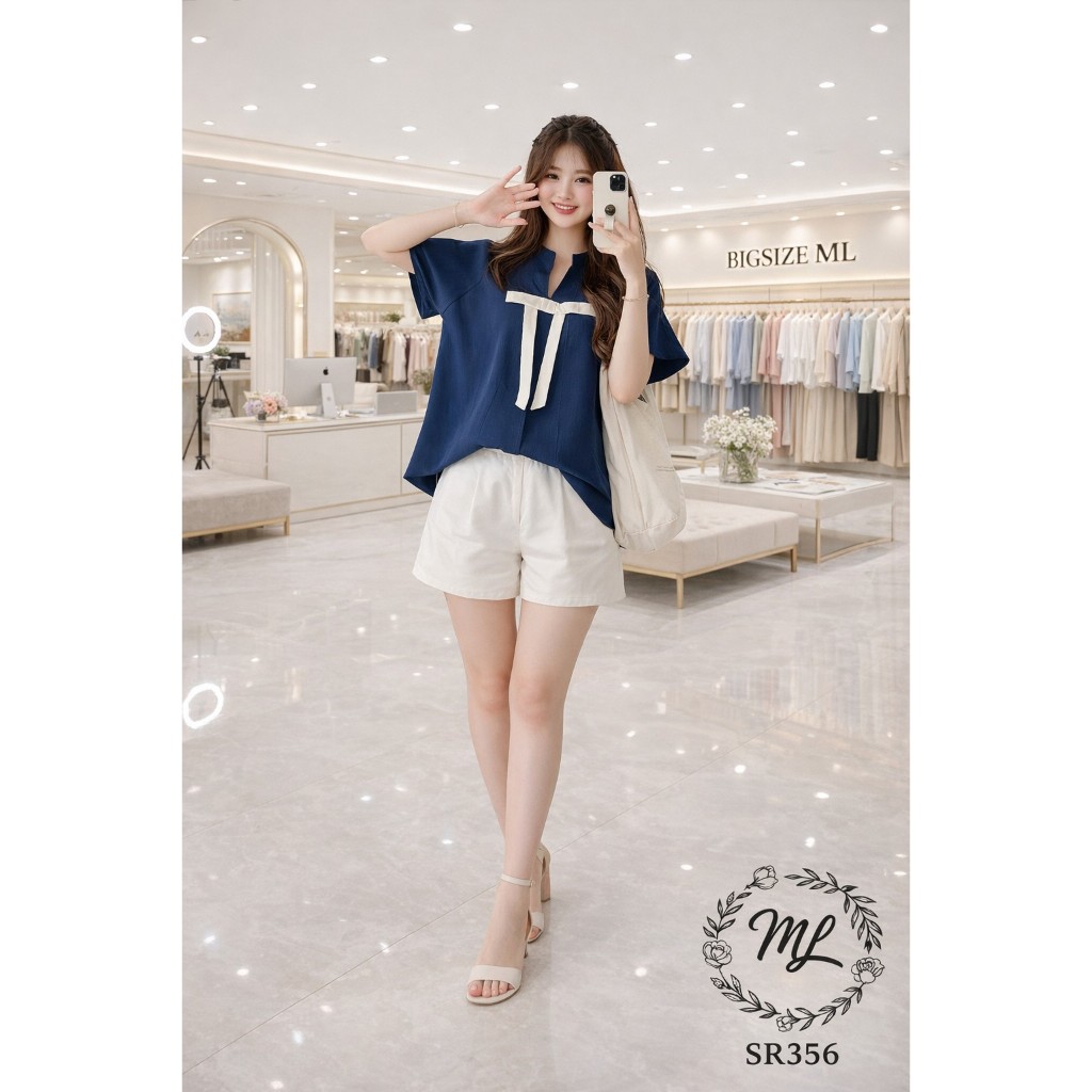 🖤✨ SÉT BỘ BIGSIZE ÁO LỤA TUYẾT MỊN PHỐI NƠ THANH LỊCH QUẦN SHORT COTTON LẠNH SR356 55-90KG ✨🖤