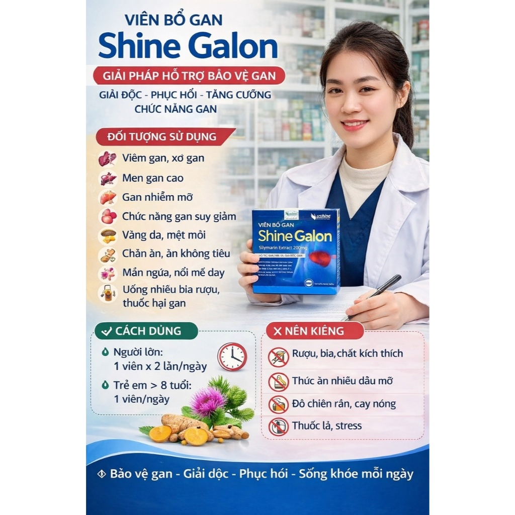 Viên Bổ Gan Shine Galon 100 Viên nang – Giúp Giải Độc Gan, Dùng Tốt Cho Bệnh Nhân Gan Nhiễm Mỡ ,Nóng,Mụn Nhọt