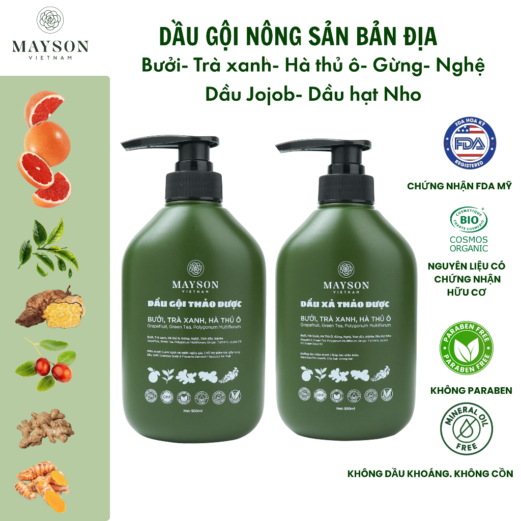 Cặp Dầu Gội Xả Thảo Dược Bưởi - Hà thủ ô - Trà xanh - Gừng - Nghệ MaySon