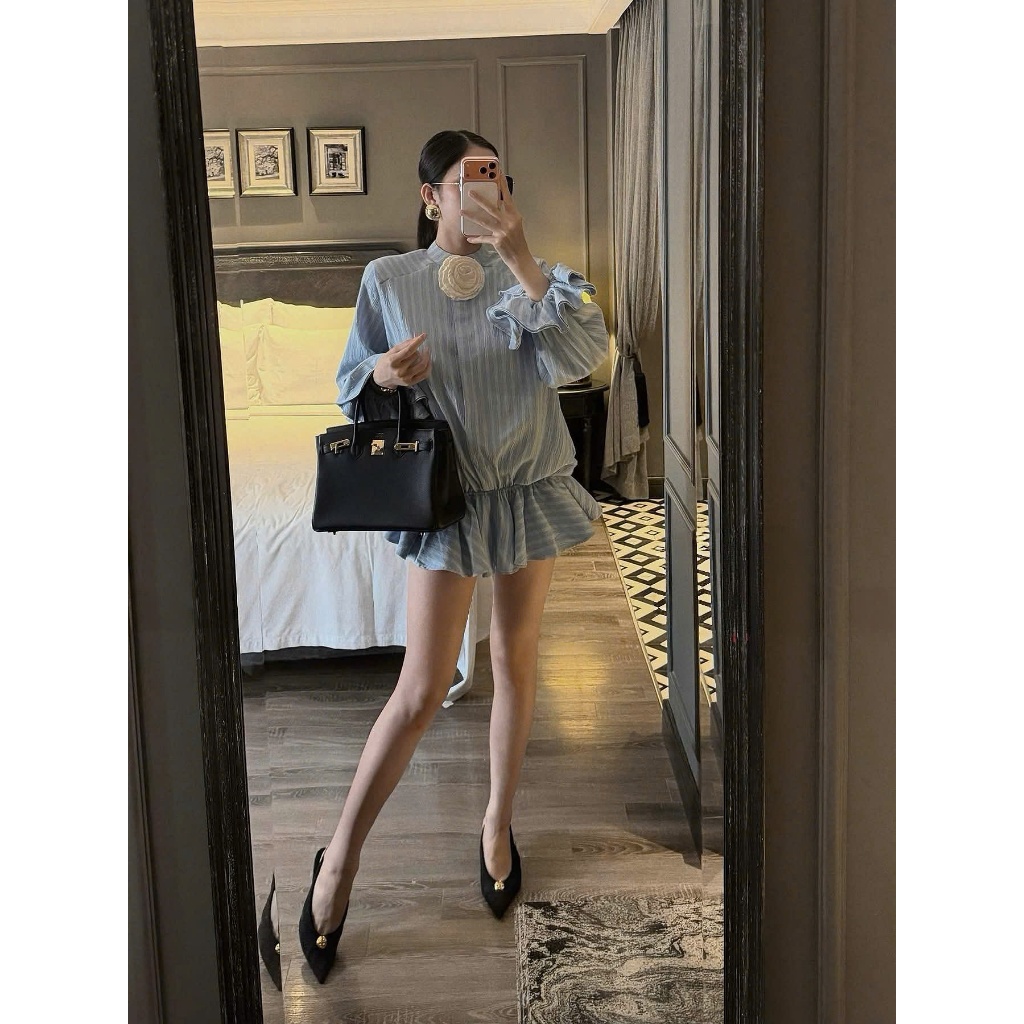 ZIMM STORE-Set bộ sơ mi kẻ sọc form rộng phối bèo nhún điệu đà cho nàng công sở