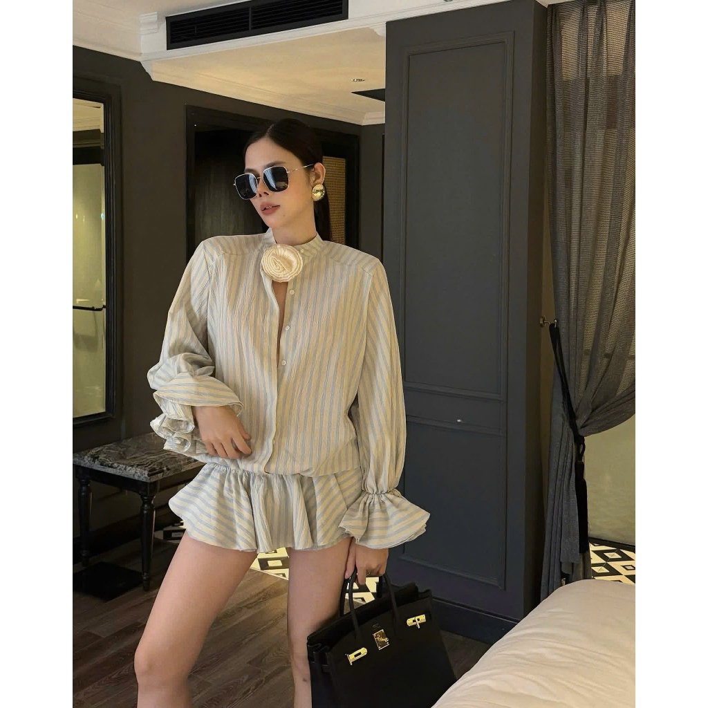 ZIMM STORE-Set bộ sơ mi kẻ sọc form rộng phối bèo nhún điệu đà cho nàng công sở