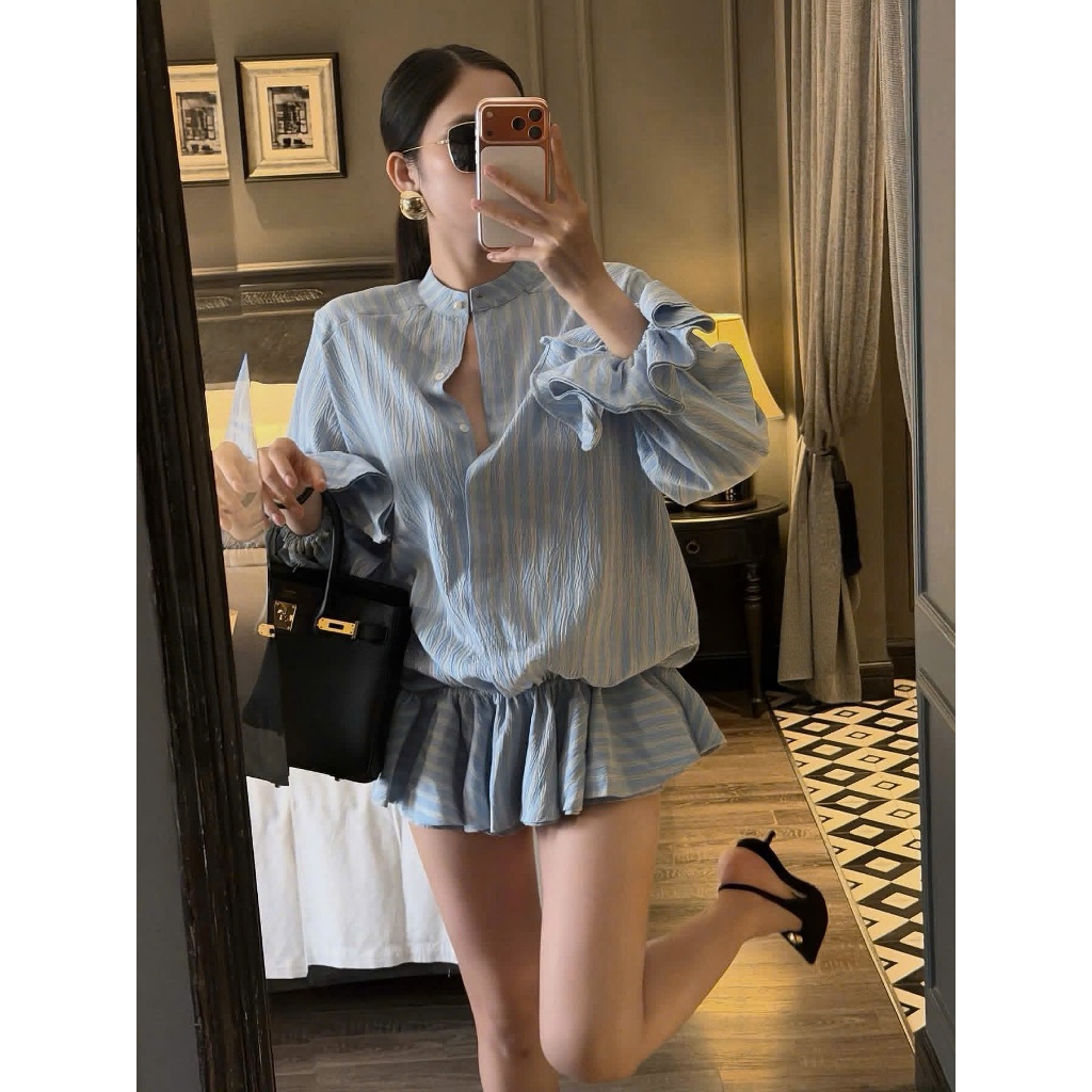 ZIMM STORE-Set bộ sơ mi kẻ sọc form rộng phối bèo nhún điệu đà cho nàng công sở