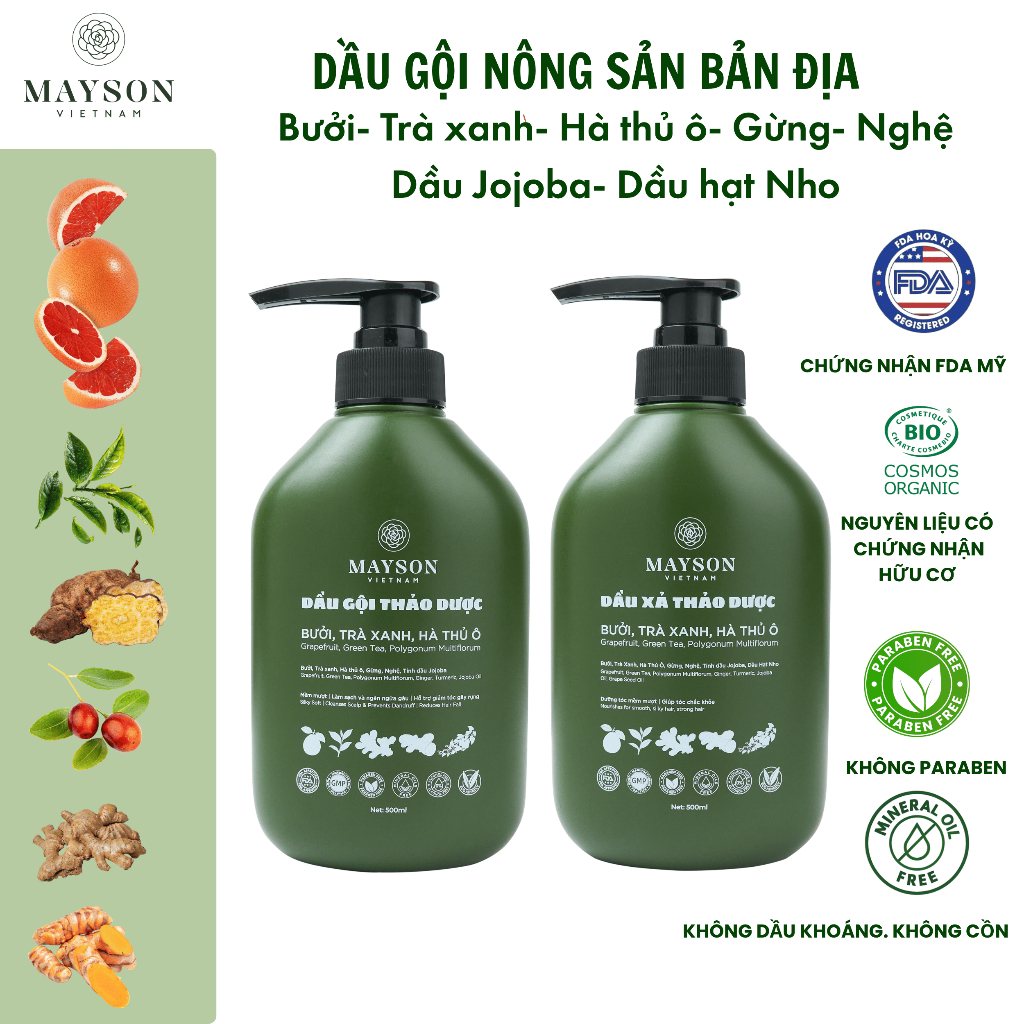 Cặp Gội Xả Thảo Dược Bưởi - Hà Thủ Ô - Trà xanh - Gừng - Nghệ MaySon