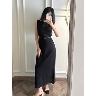 Đầm Linen cổ thuyền nhấn eo, váy dài (không kèm theo thắt lưng) D02