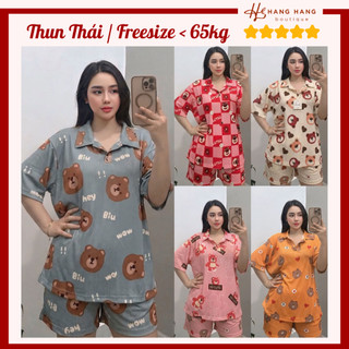 Set đồ bộ nữ đùi ngắn tay cộc cổ sơ mi thun tăm gân co dãn mát lạnh 40-65kg, đồ ngủ đồ mặc nhà cute dễ thương 65CC04