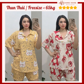 Set đồ bộ nữ đùi ngắn tay cộc cổ sơ mi thun tăm gân co dãn mát lạnh 40-65kg, đồ ngủ đồ mặc nhà cute dễ thương 65CC04