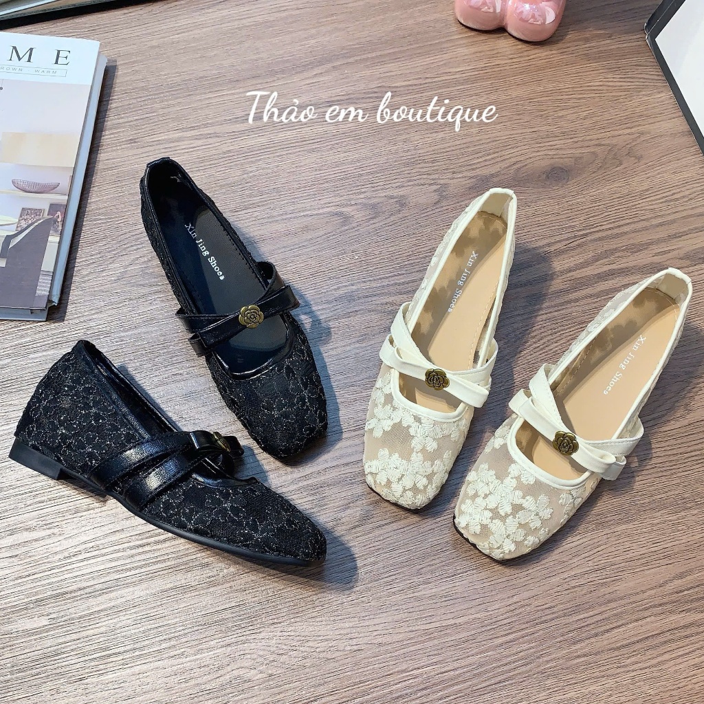 [Thảo Em - BBR8] [Độn đế 5p] Giày búp bê lưới ren hoạ tiết phối hoa trà tiểu thư (Có Sẵn)