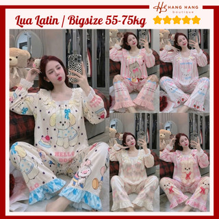 Đồ ngủ nữ bigsize 55-75kg, pijama dài tay cổ vuông bèo lụa latin mịn mát 75DD21, đồ bộ nữ đồ mặc nhà tiểu thư dễ thương
