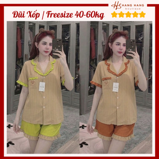 Đồ ngủ nữ 40-60kg, pijama đùi ngắn cổ nhún bèo thuê gấu đũi gân xốp 60CC28, đồ bộ nữ đồ mặc nhà tiểu thư dễ thương