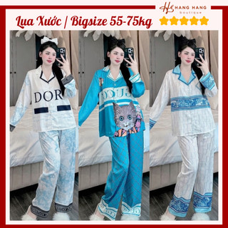 Đồ ngủ nữ bigsize 55-75kg, pijama dài tay dài lụa xước mềm mát 75DD12, đồ bộ nữ đồ mặc nhà thiết kế sang chảnh