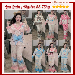 Bộ đồ ngủ pijama nữ bigsize 55-75kg dài tay viền bèo tiểu thư lụa latin mịn mát 75DD39, đồ bộ nữ đồ mặc nhà dễ thương