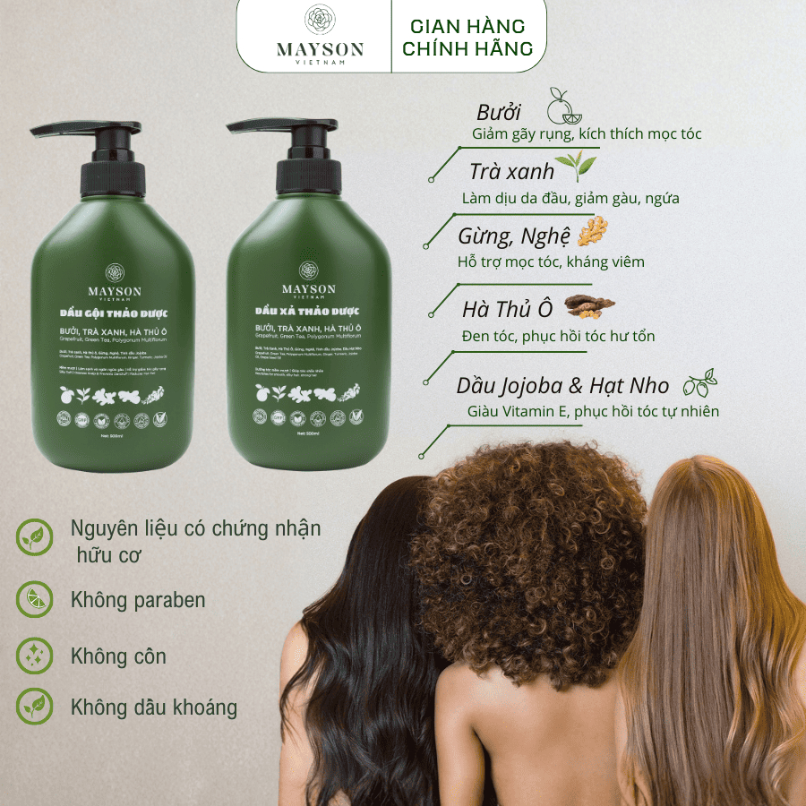 Dầu gội thảo dược Bưởi - Trà xanh - Hà Thủ ô - Gừng - Nghệ MaySon