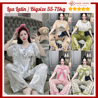 Đồ ngủ nữ bigsize 55-75kg, pijama dài cộc tay ngắn cổ tròn lụa latin mịn mát 75CD06, đồ bộ nữ đồ mặc nhà dễ thương
